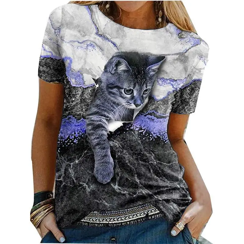 Women's T Shirt Tee Black White Blue Graphic Cat Print Short Sleeve Daily Weekend Vintage Round Neck Regular 3D Cat Painting