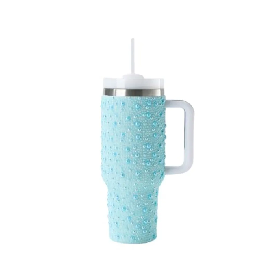 

Pearls Bling 40 oz Tumbler with Handle and Straw Rhinestones 100% Leakproof Stainless Steel Insulated Tumbler with Lid and Stra