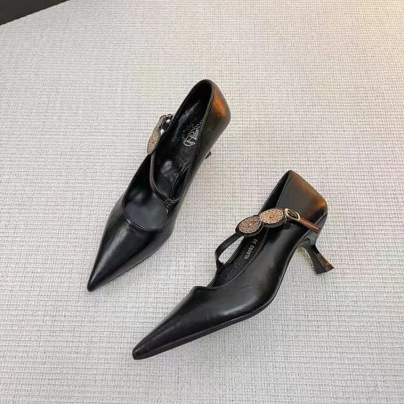 Fashion High Heels Women's Stiletto Shallow Mouth Pointed Toe Metal Straight Strap French Kitten Heel Single
