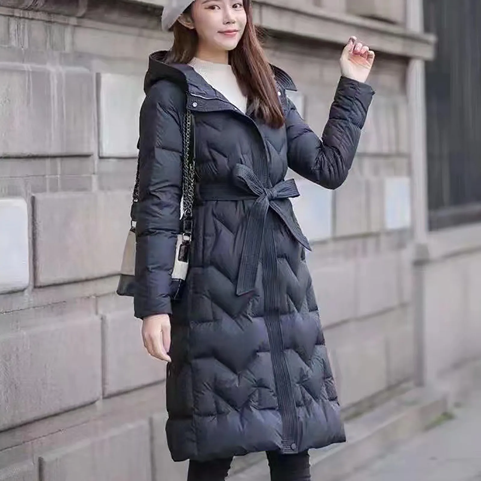 

Women'S Knee-Length Down Jacket Korean Style Slim Slimming Belt Waist Warm Coat With Belt Winter Trendy Outerwear 2024 Hot Sale