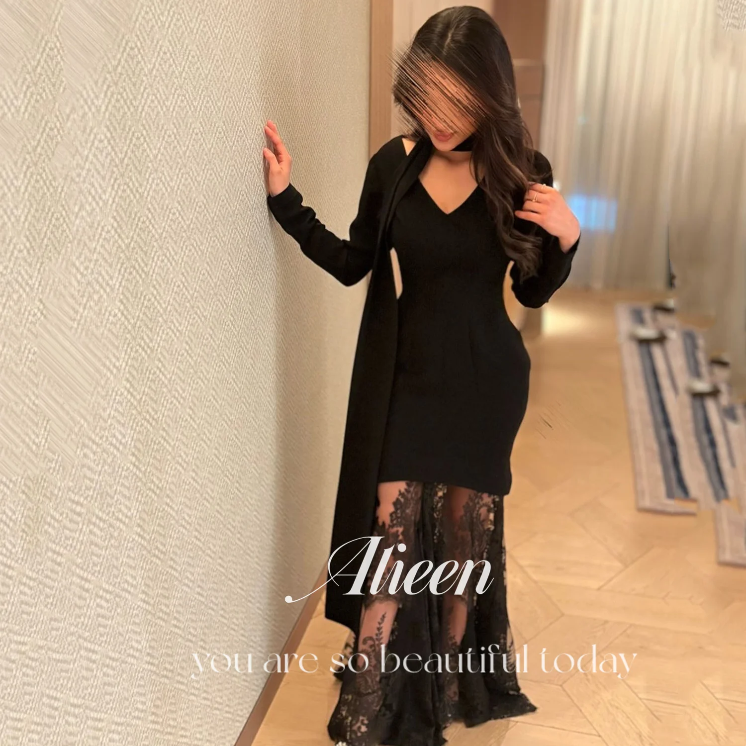 

Aileen Black Luxurious Women's Evening Dresses 2025 Luxury Customized فساتين سهرة Lace Vestidos De Festa Long Sleeves Dress Prom