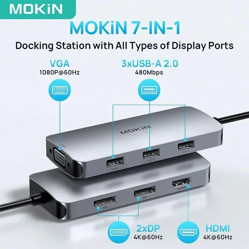 MOKiN 7 in 1 Docking Station USB C Hub Dual DisplayPort DP HDMI 4K60HZ VGA USB 2.0 Multiport Adapter for Laptop MacBook