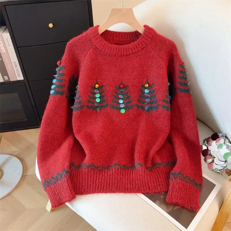 Hot Autumn Winter New Women Fashion Design Christmas Sweater Bell Glitter Retro Lazy Style Western Style Casual Knitted Sweater