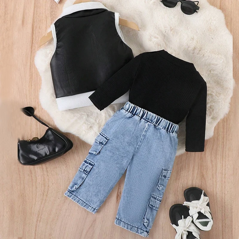 3Piece Spring Fall Girls Outfit Sets Korean Fashion PU Vest+Black Tops+Loose Jeans Baby Boutique Clothing Newborn Clothes BC297