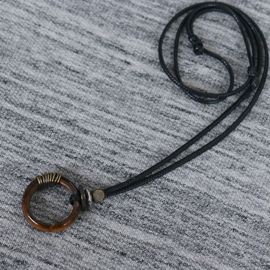 Hand Copper Wire Wrapped Tiger's Eye Ring Pendant Adjustable Black Wax Cord Necklace Vintage Boho Healing Jewelry Unisex