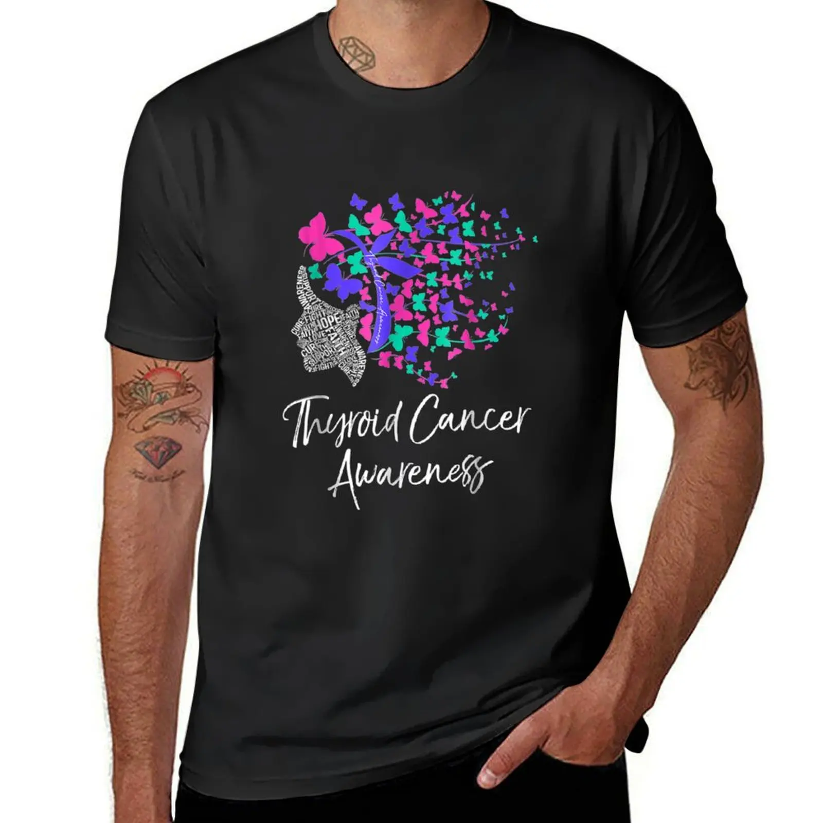 Lady With Butterfly Hair Thyroid Cancer Awareness T-Shirt tops customs Aesthetic clothing kawaii clothes Men's t-shirt