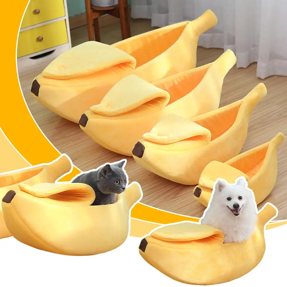 Creative Banana Boat Pet Warm Soft Mattress Semi-enclosed Cotton House Comfor And Hamster Mat Elastic Cat Dog Sleeping Soft N3V8