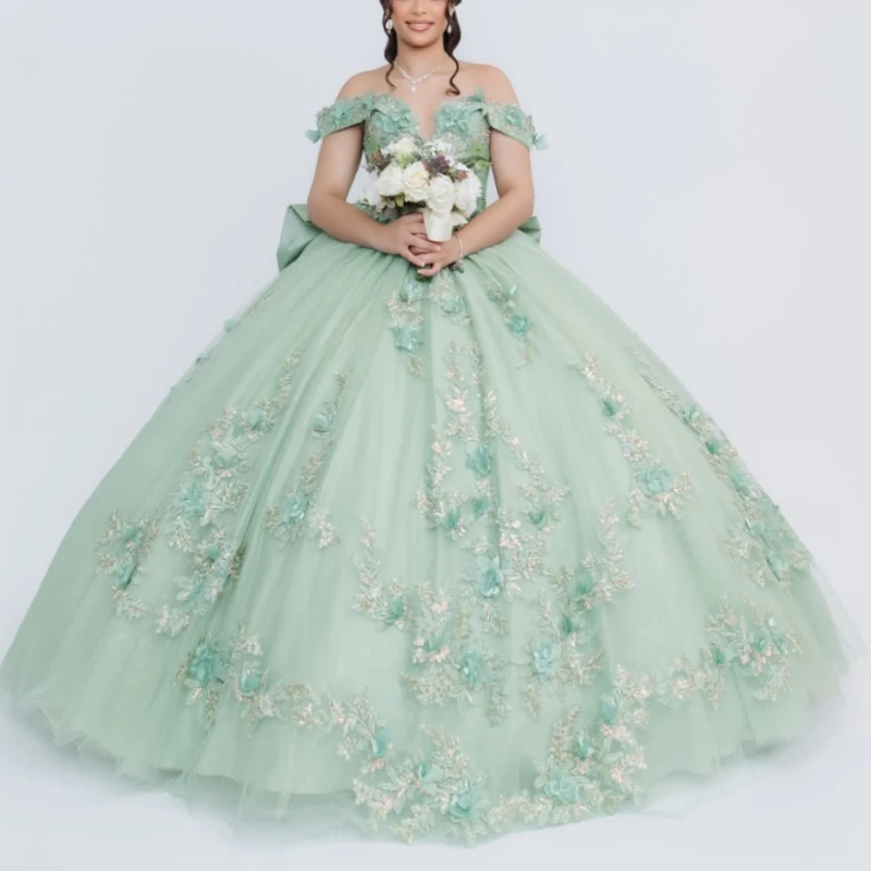 Mint Green Glitter Quinceanera Dresses Off Shoulder Ball Gown Sweet 16 Dress Applique Flower Beading Crystal Tull Corset Birthda