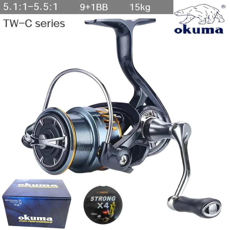 Новая прялка Okuma, рыболовное колесо, передаточное число 5,5:1, большая тормозная сила 15 кг, подходит для различных видов рыбы.