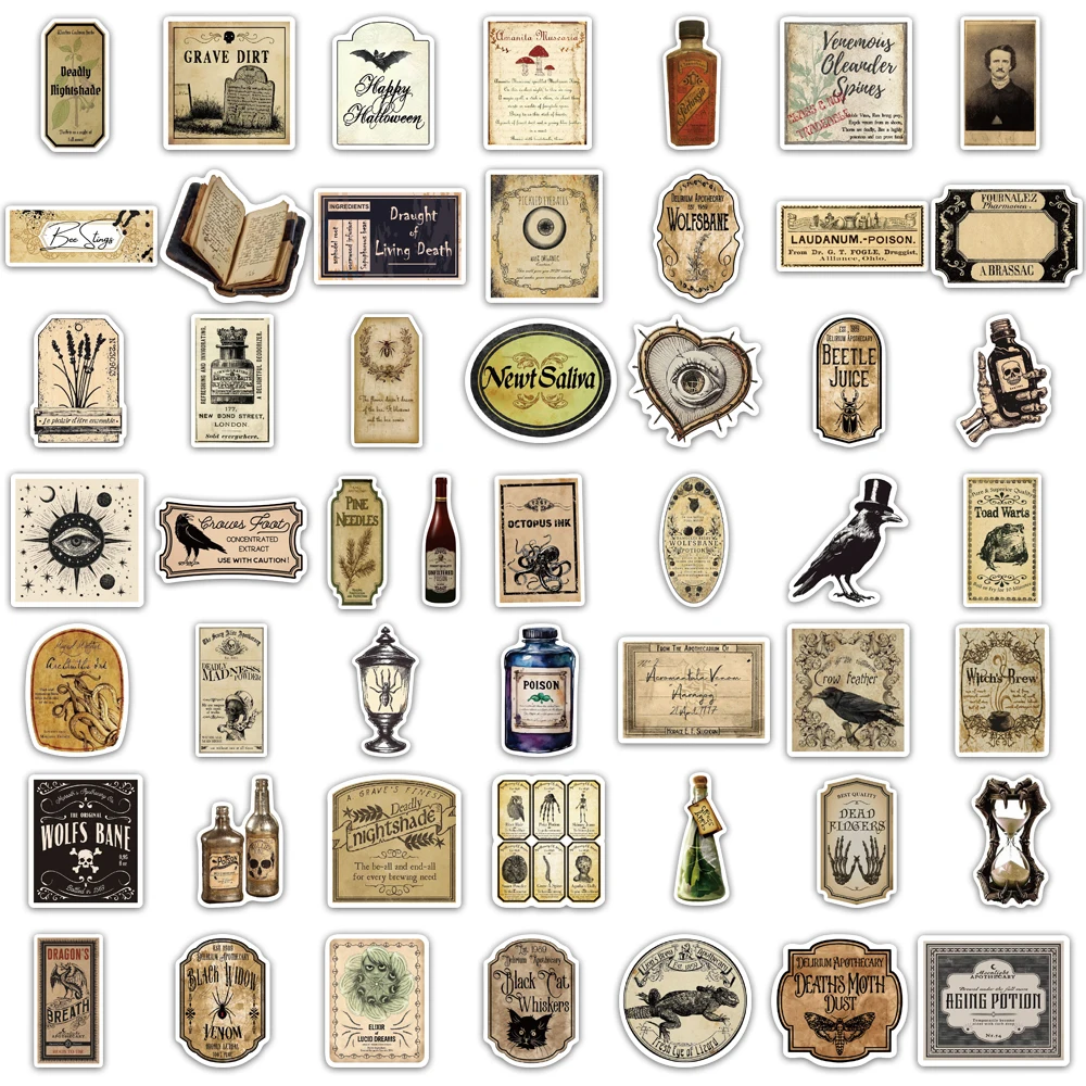 50PCS Gothic Apotheker Medikamente Label Aufkleber Scrapbooking Collage Material Skateboard Telefon Fall Gepäck Wasserdichte Aufkleber