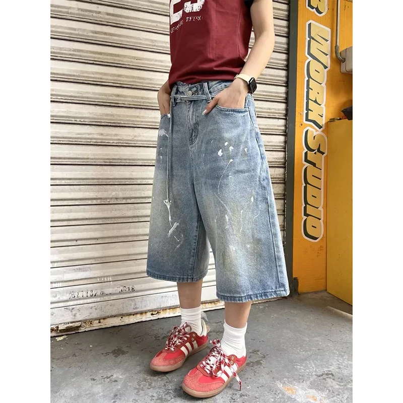 

Summer American Retro Graffiti Jeans Women Baggy Y2k Casual Vintage Denim Shorts 2000s Streetwear Harajuku Short Pants