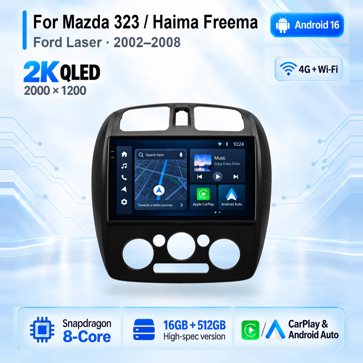 Qualcomm Android 16 Carplay Auto Car Radio Multimedia Player For MAZDA 323 HAIMA FREEMA FORD LASER 2002-2008 4G GPS Stereo 2din