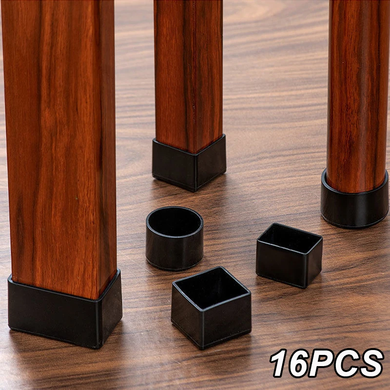 16Pcs Chair Leg Caps Black Rubber Furniture Feet Floor Protectors Anti-slip Pads Silent Thicken Table Chair Legs Socks Covers