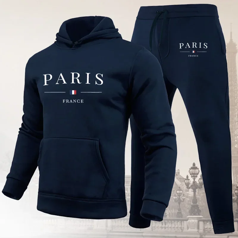 Men's sportswear set, Parisian printed hooded sweatshirt and sweatpants 2-piece set, men's hooded jogging pants set, casual stre