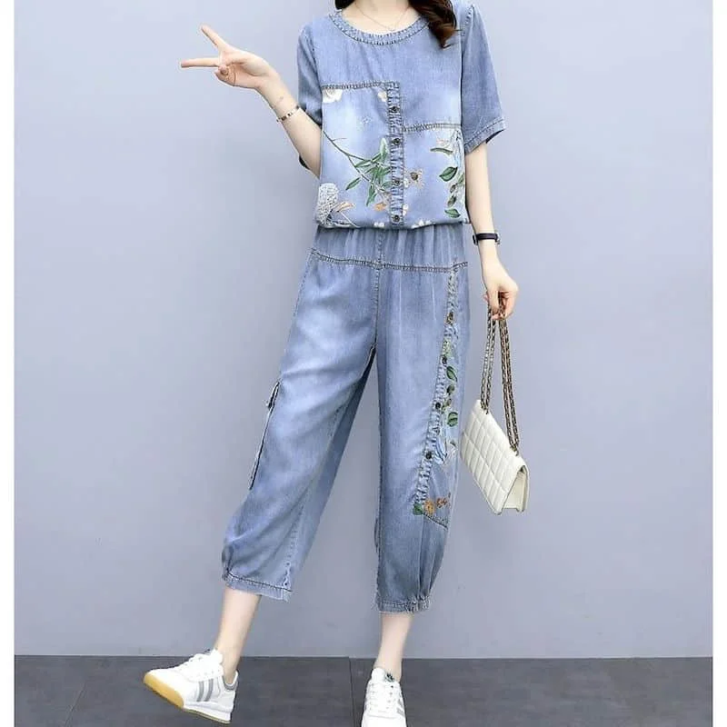 

Denim Pants Sets Casual O-neck Shirts and Blouses Loose High Street Elastic Waist Pants Women Denim Two Piece Sets Women Outfits