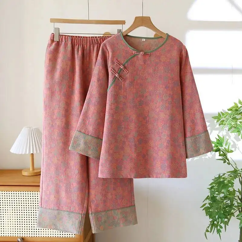 طقم بناطيل جاكار منسوجة من القطن الوطني طقم بيجاما نسائي بإبزيم بتصميم عتيق فضفاض يسمح بمرور الهواء ورقبة مستديرة بيجاما موجر