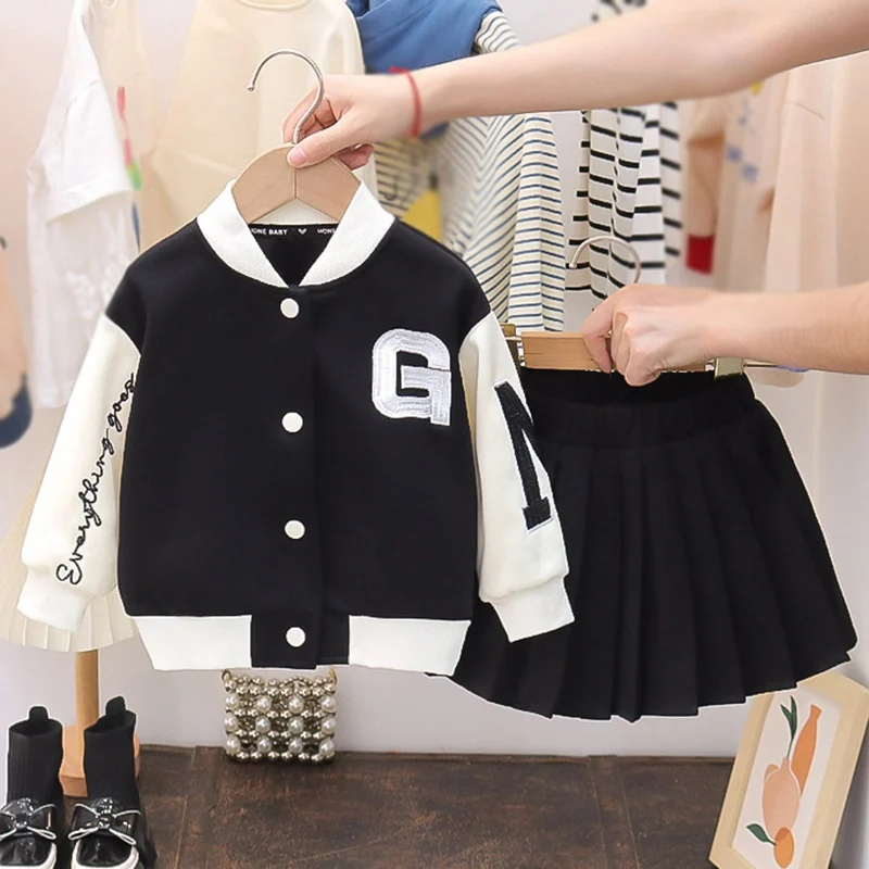 2-7T Girls Sports Clothing Suit Spring Autumn Baseball Sets Children Jacket Pleated Skirt 2Pcs Kids Fashion Outfits