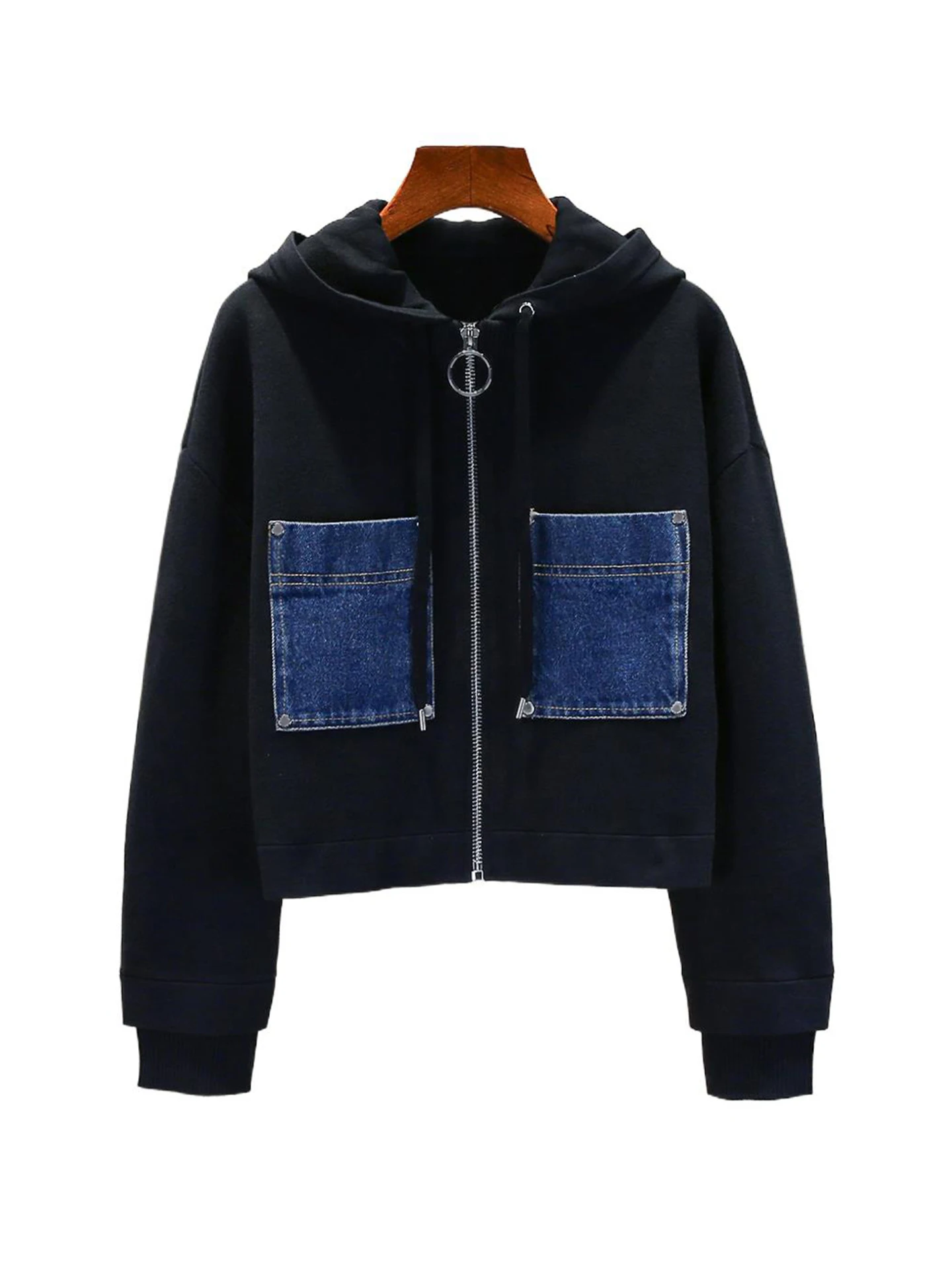 Jaqueta de Mole de Denim Tricotada Fena de Alta Qualidade com Bolsos Design de Outono Sensação S Estilo de Trabalho Pa...