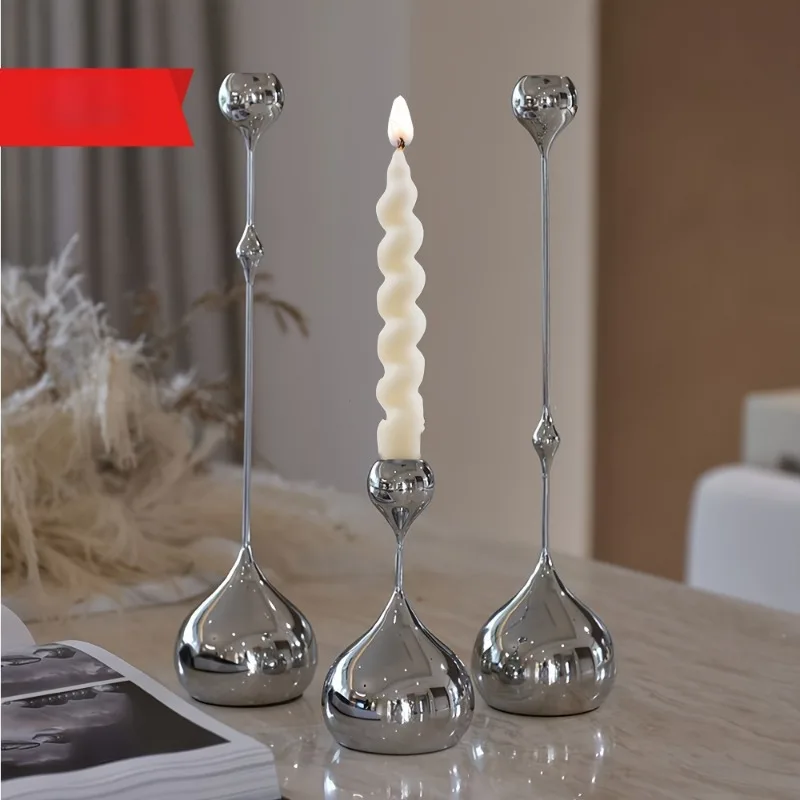 3pcs  Electroplated Metal Taper Candle Holder Slender Stem Water Drop Base Minimalist Table Art Prop For Restaurant Shooting