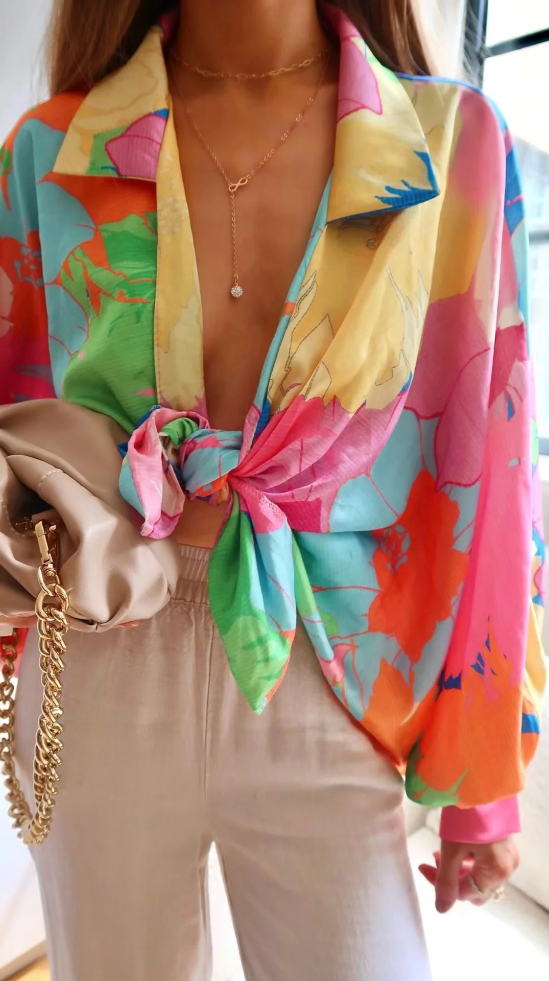 Faionable Printed Lantern Sve Women's irt Versatile Floral Design Commute Sle V-Ne Tie-Detail Loose Fit Polyester