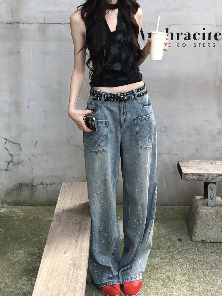 Celana Jeans Wanita American Heavy Du Star Rhinestone Musim Panas Longgar CleanFit Serbaguna Model Kaki Lebar Panjang Menyentuh Lantai Trendi