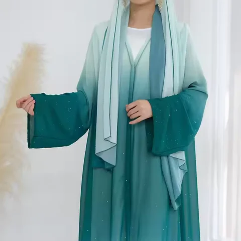 여성을위한 럭셔리 그라디언트 색상 Abayas 이슬람 Hijab 드레스 두바이 Kaftan Kebaya Eid 기모노 오픈 Abaya Jalabiya 라마단 Caftan 가운