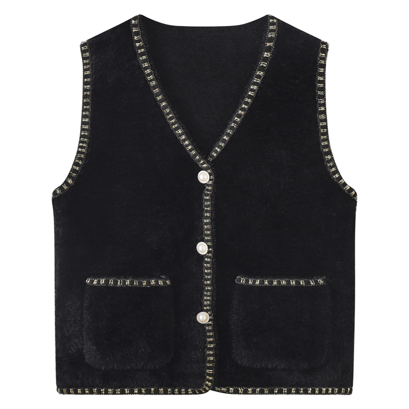 Brush Mohair Knit Vest with Glittery Contrast Trim Pocket Front Button Down Sleeveless Cardigan Sweater Women Fall Winter Outfit