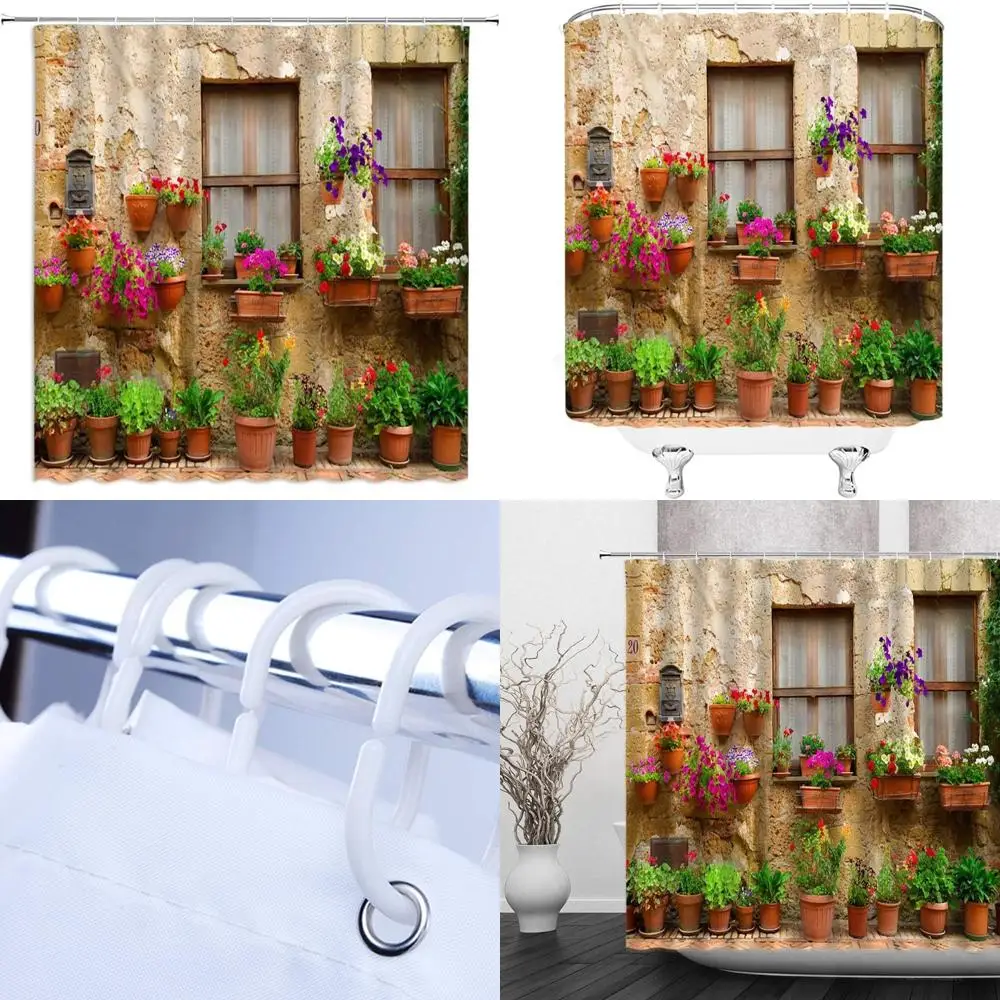 

vintage tuscany-style italian village shower curtain with european garden and christmas scenery