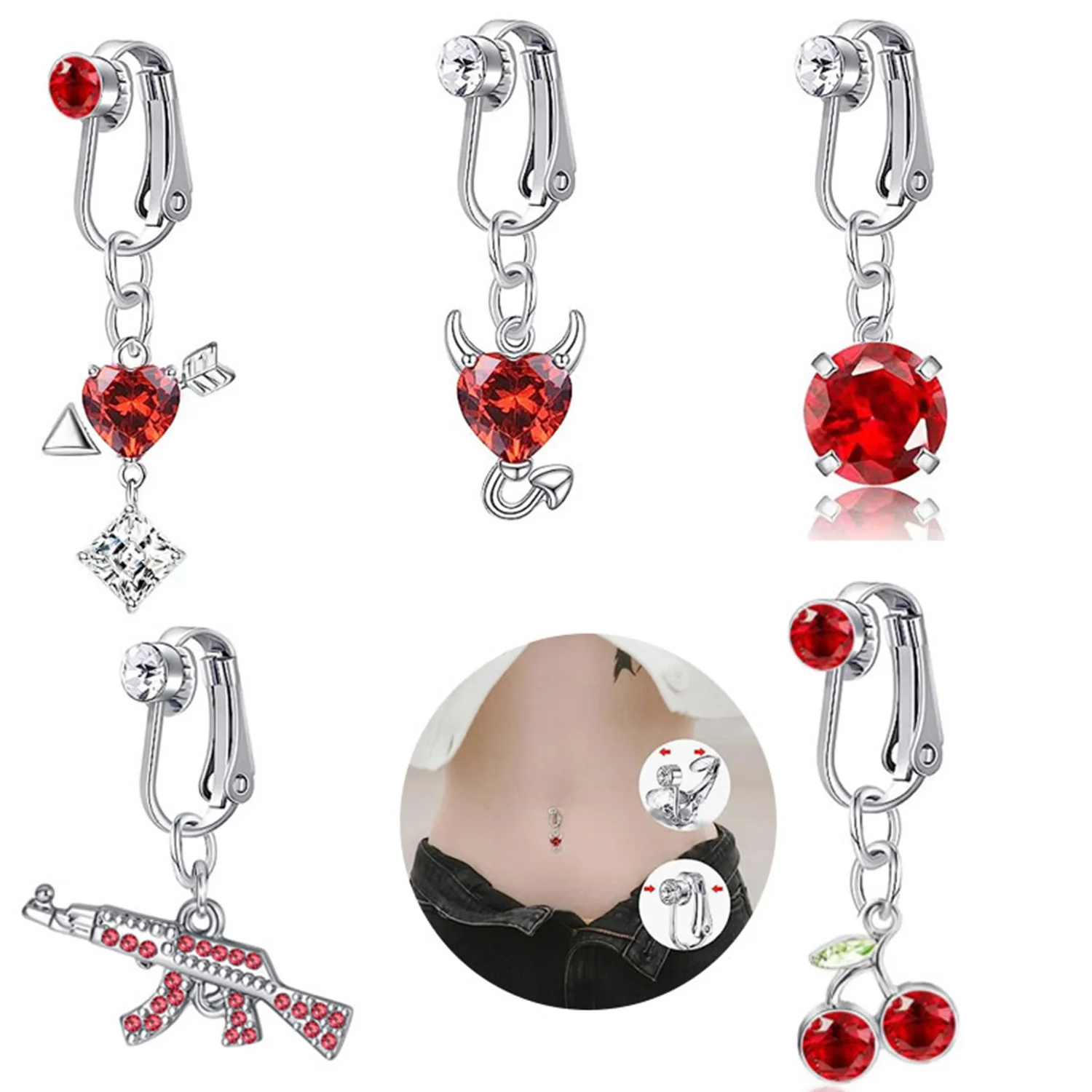 

Faux Fake Belly Piercing Zircon Cherry Dangling Long Fake Belly Button Pircing Clip On Umbilical Navel Cartilage Earring Clip