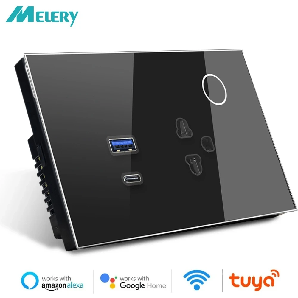 

Melery WIFI Smart Tuya США Таиланд Розетка 15А Сенсорная стеклянная панель Розетка USB Type-C PD 30 Вт Пульт дистанционного управления через приложение Alexa Google Home
