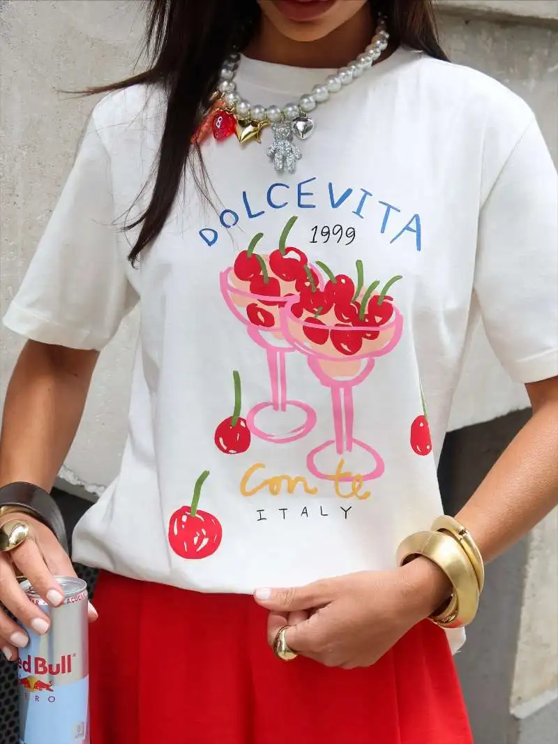 Retro American Vintage Summer Cherry Fruit Wine Print Spicy Girl Loose Pure Cotton Short Sleeve T-Shirt Women's Trendy