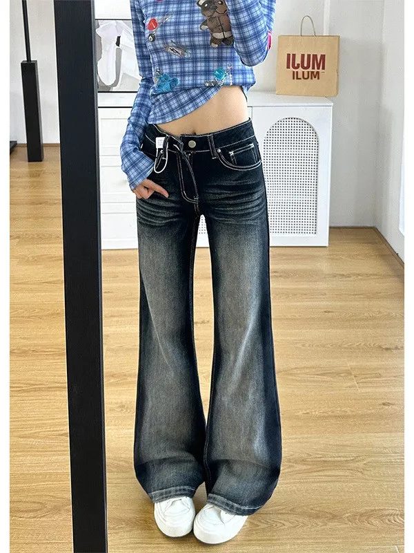 

Retro American Washed Blue Black Bell Bottom Jeans Women's Slimming Long Pants Spring New Style High Waist Denim Skinnies