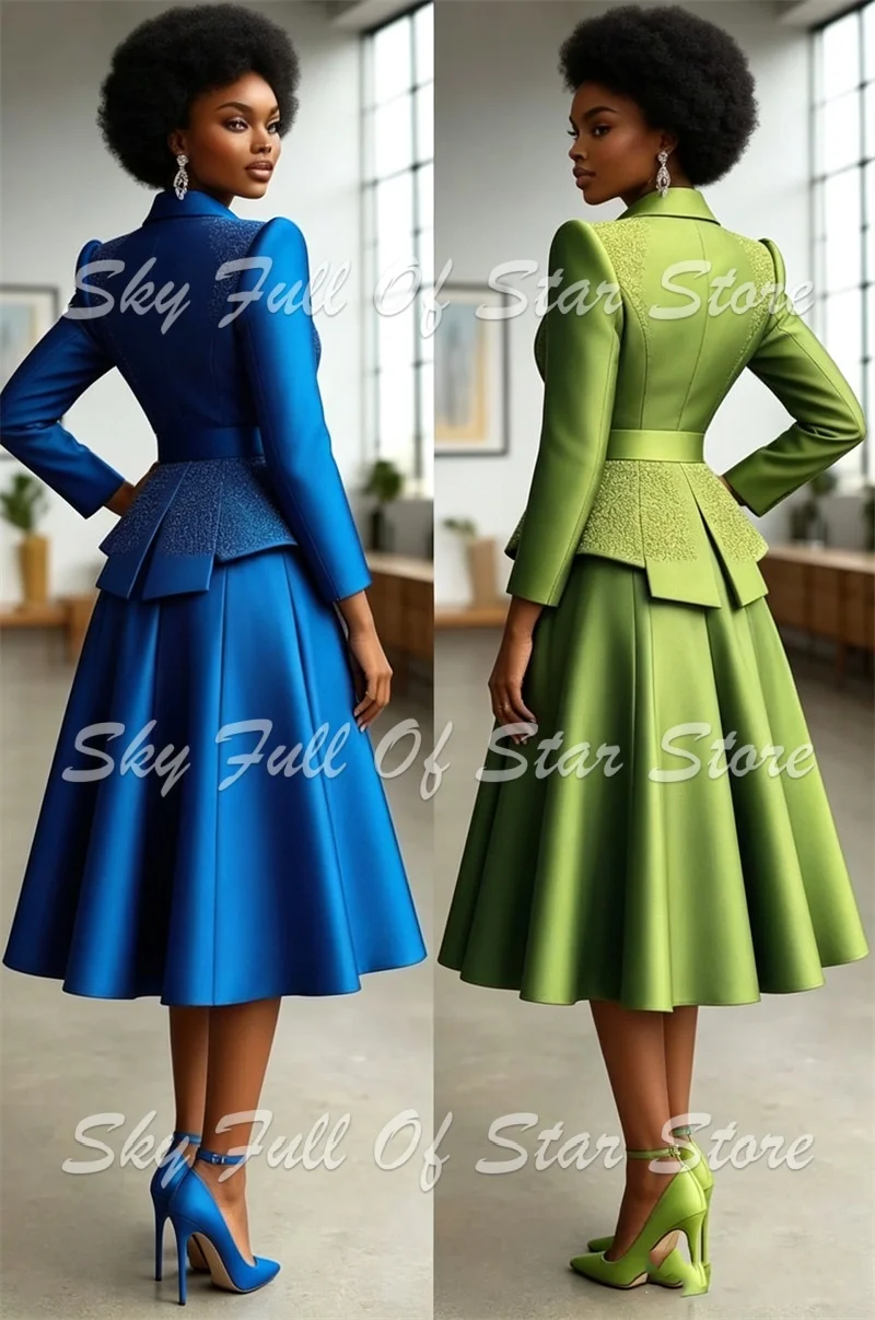 Women Suit Set 2 Pcs Jacquard Peplum Waist Blazer+Midi Satin Skirt Custom Formal Evening Wedding Party Lady Jacket Multi Colors