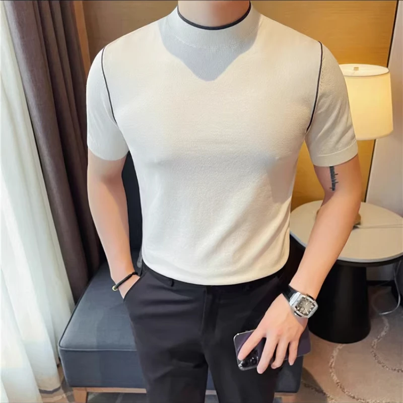 2025 Summer Ice Silk Knitted Short Sleeved T-shirt Men's Versatile Casual Round Neck Simple T-shirt Social Streetwear Tee Tops