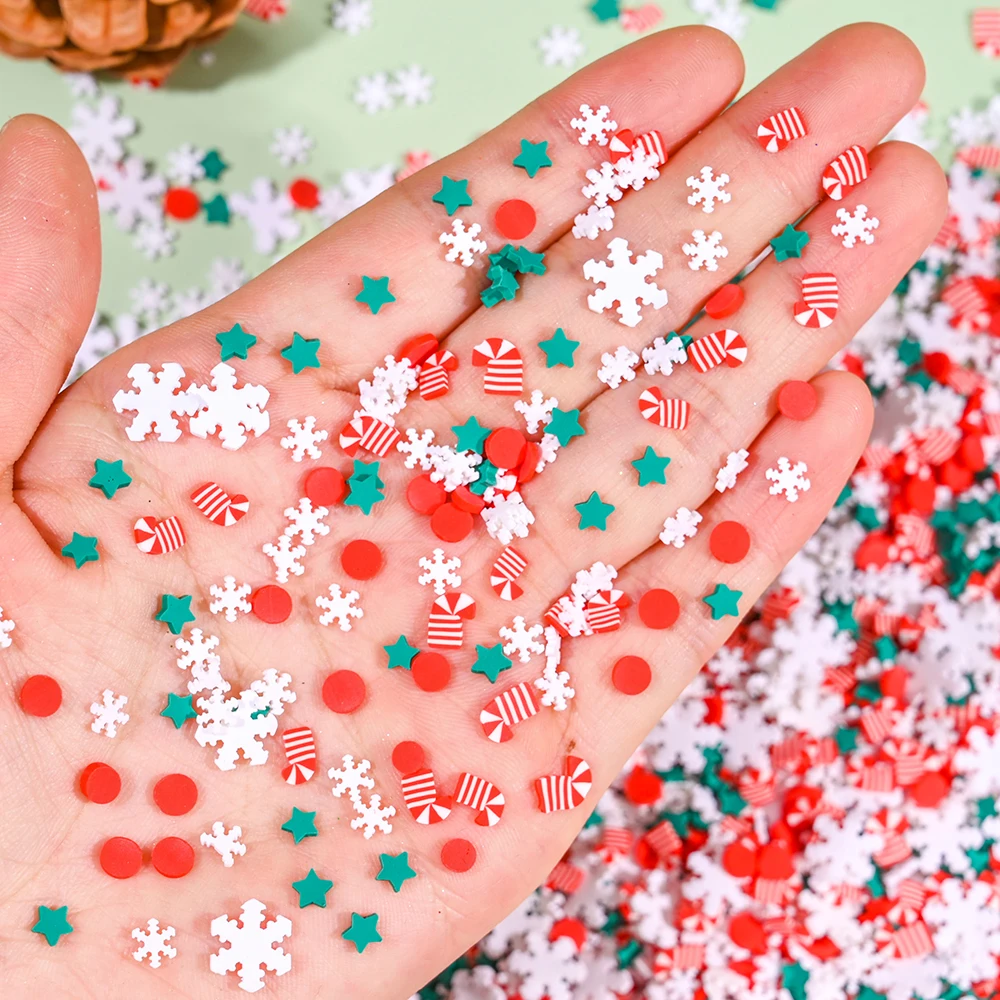 400PCS Christmas Polymer Clay Nail Slices Charms 10g Mixed 3D Xmas Snowflakes Sprinkles Soft Clay Slimes Nail Art Decoration U^9