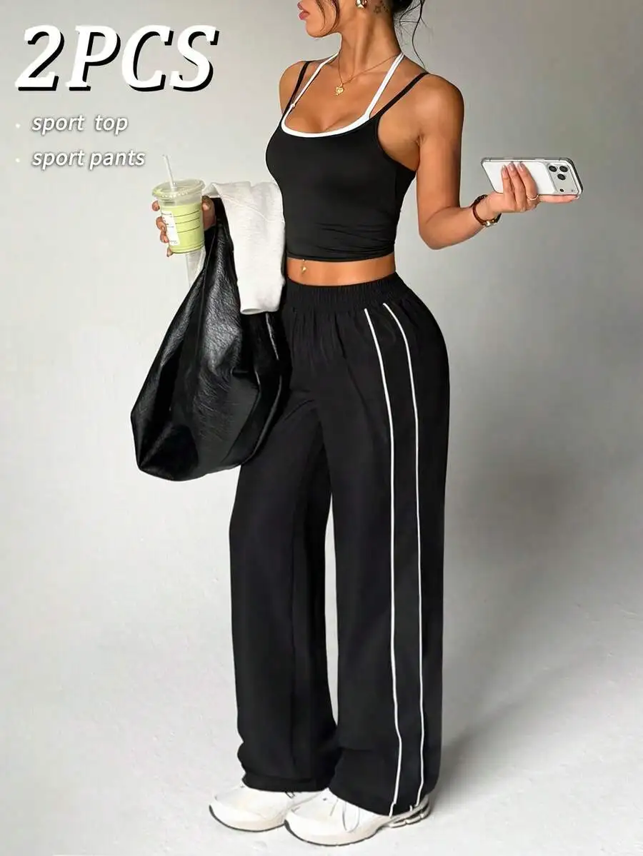 

2PCS Women Sport Set Contrast Color Sleeveless Top And Loose Straight Leg Pants For Gym Yoga Running