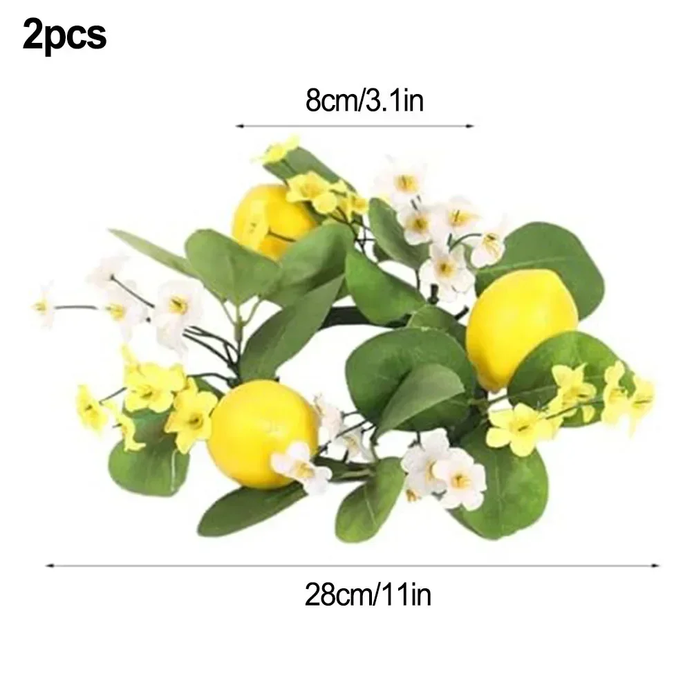 2pcs Lemon Flower Wreath Candle Ring Artificial Leaves Spring Green Garland Pillar Candle Wedding Party Table Centerpiece Decor