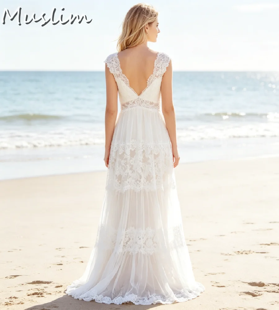 Boho Cap Sleeve Lace Wedding Dress V Neck Tiered Sheer Tulle Bridal Gown Floor Length Beach Destination Flowy Bohemian Country