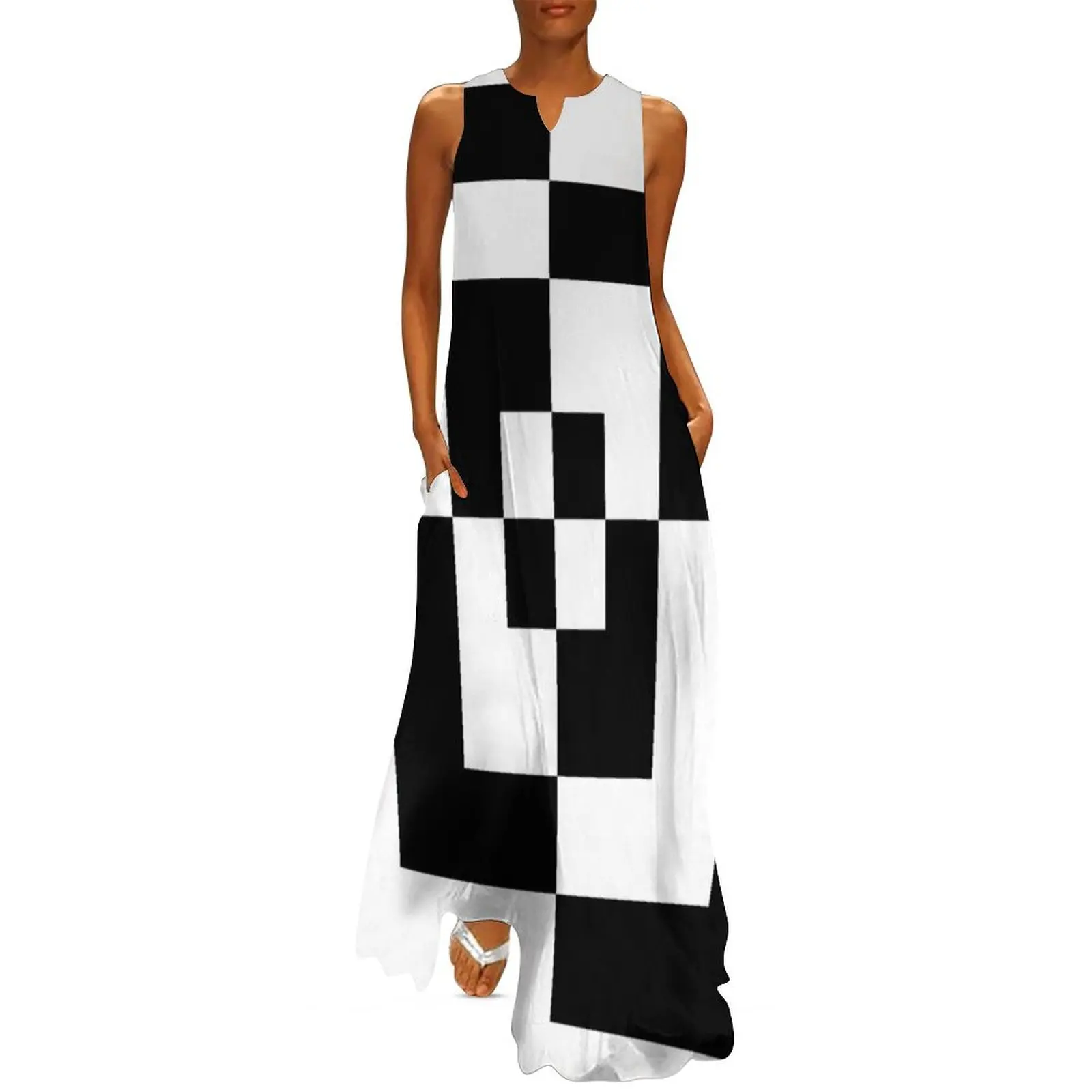 Black and white rectangles Long Dress long sleeve dress Dresses gala