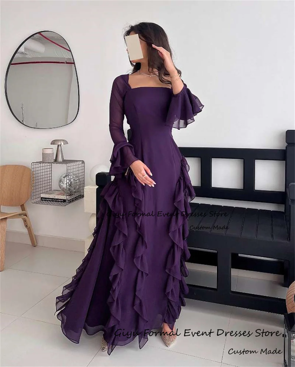 Giyu Elegent Pleat Elegantes Para Mujer 2024 Square Collar Floor-Length Full Sleeves Evening Party Dress Prom Gown