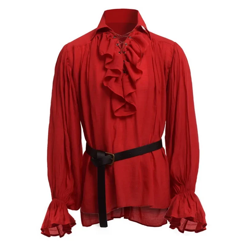 

Wholesale Medieval Renaissance Lacing Up Shirt Bandage Tops Ruffles Shirt Fashion Men Vintage Costume Fluffy Long Sleeve Male