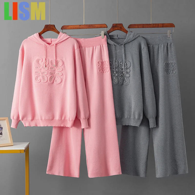 

LISM winter two piece set tracksuit Knitted set, nail bead casual two-piece hooded woolen top+slim fit wide leg pants for women