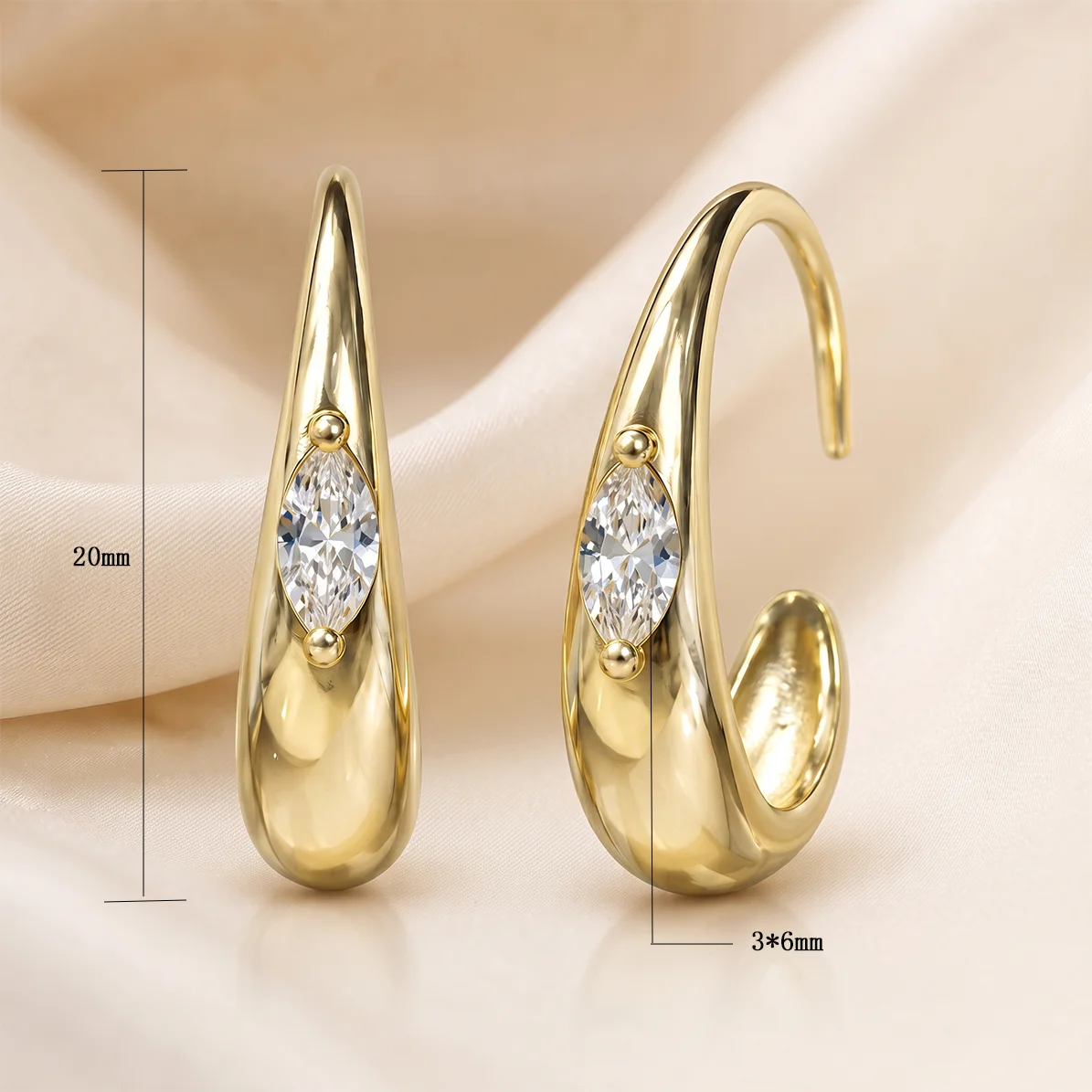 Moonmory Minimalistische Luxus-Ohrringe mit einzigartigem Birnen-X-Streifen-Design für Damen, 5A Messing, Zirkon, 14k Doppel-Goldplattierung, Geschenk-Ohrringe – Detail 9
