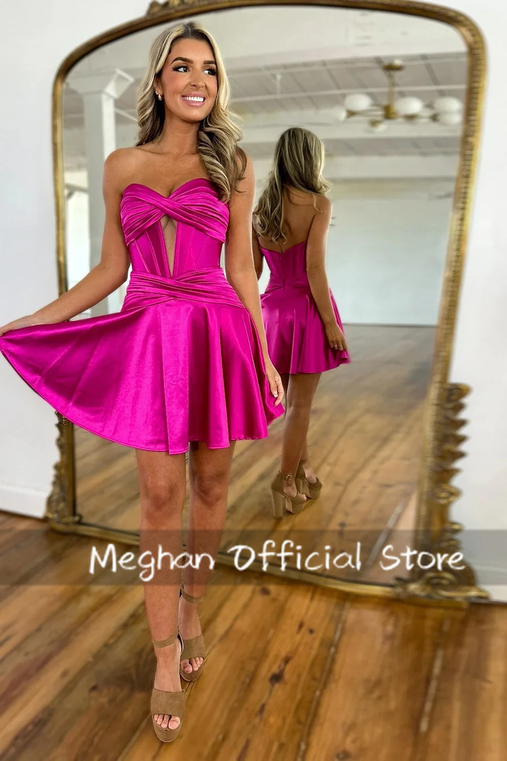 Hot Pink Strapless Homecoming Dresses 2025 Satin V-Neck Women Party Dress A-Line Pleated Prom Dresses Mini Length Customized