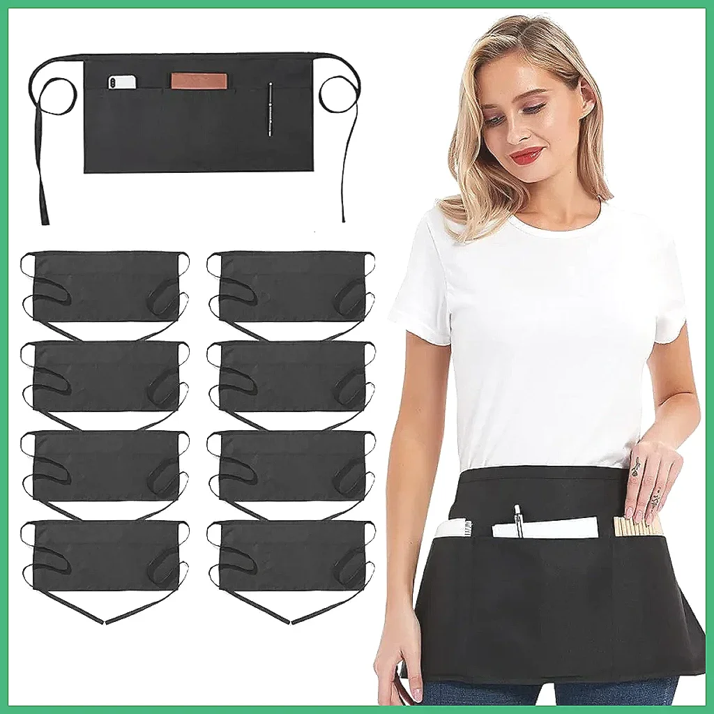 Fashion Chef Short Small Waist Apron, 3 Pockets Black Waterproof Half Apron for Waitress, Home Kitchen Practical Cooking Wear