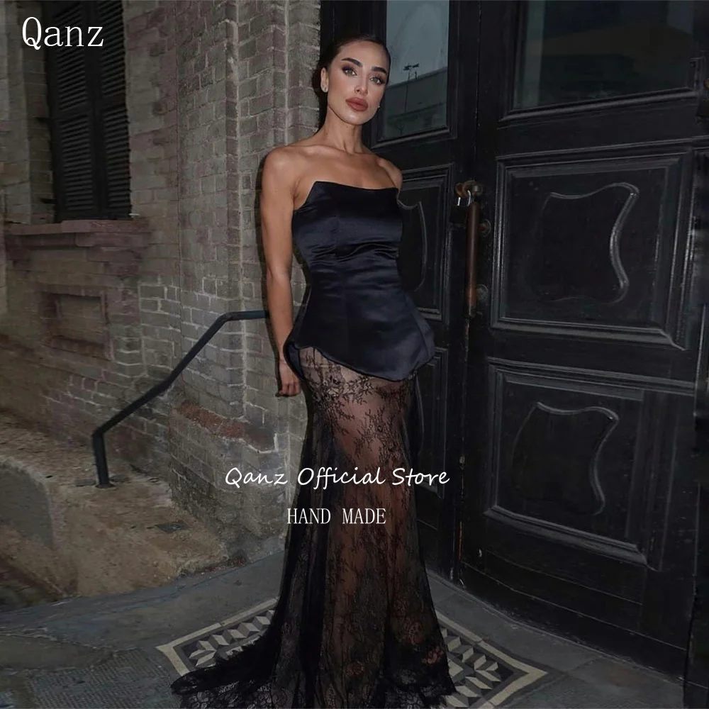 Qanz Elegant Lace Appliques Eveneing Dresses Illusion See Through Black Dress women Elegant Party Vestidos De Diesta Customized