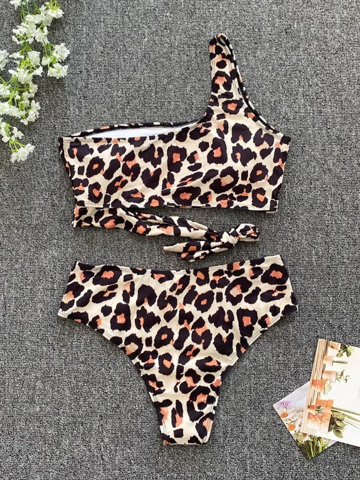Vzvn Sexy One Shoulder Bandage Bikini Women Split Swimsuit Beach Bikini 2026 New All Season Backless Leopard Bikinis 2 Piece Set