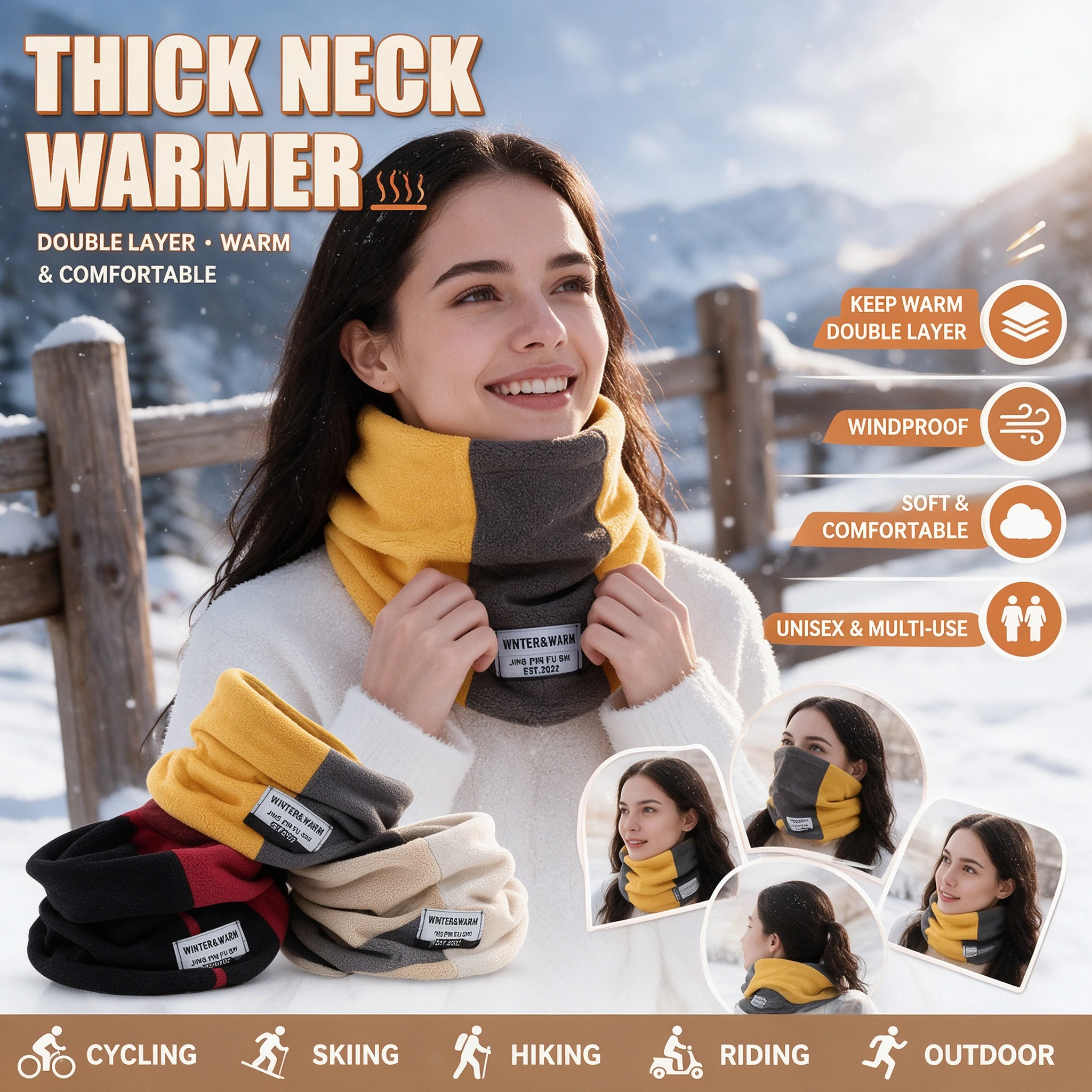 Unisex Thick Double Layer Neck Warmer Gaiter Scarf Winter Outdoor Riding Accessory All Season Neck Protection