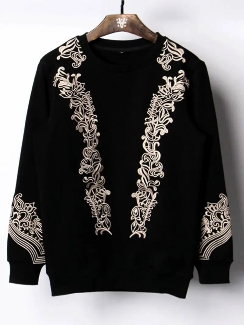 

Retro Embroidered Hoodie Men's Autumn and Winter High end Black Outerwear Long Sleeve Round Neck Top Stylish Bottom Shirt