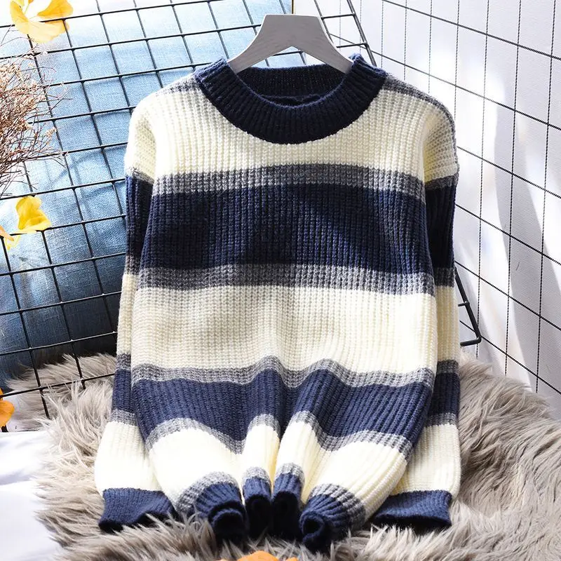 

Women 2023 Autumn Winter Fashion Contrasting Color Sweater Tops Female Loose Stripe Pullovers Ladies O-neck Knitted Tops Y258